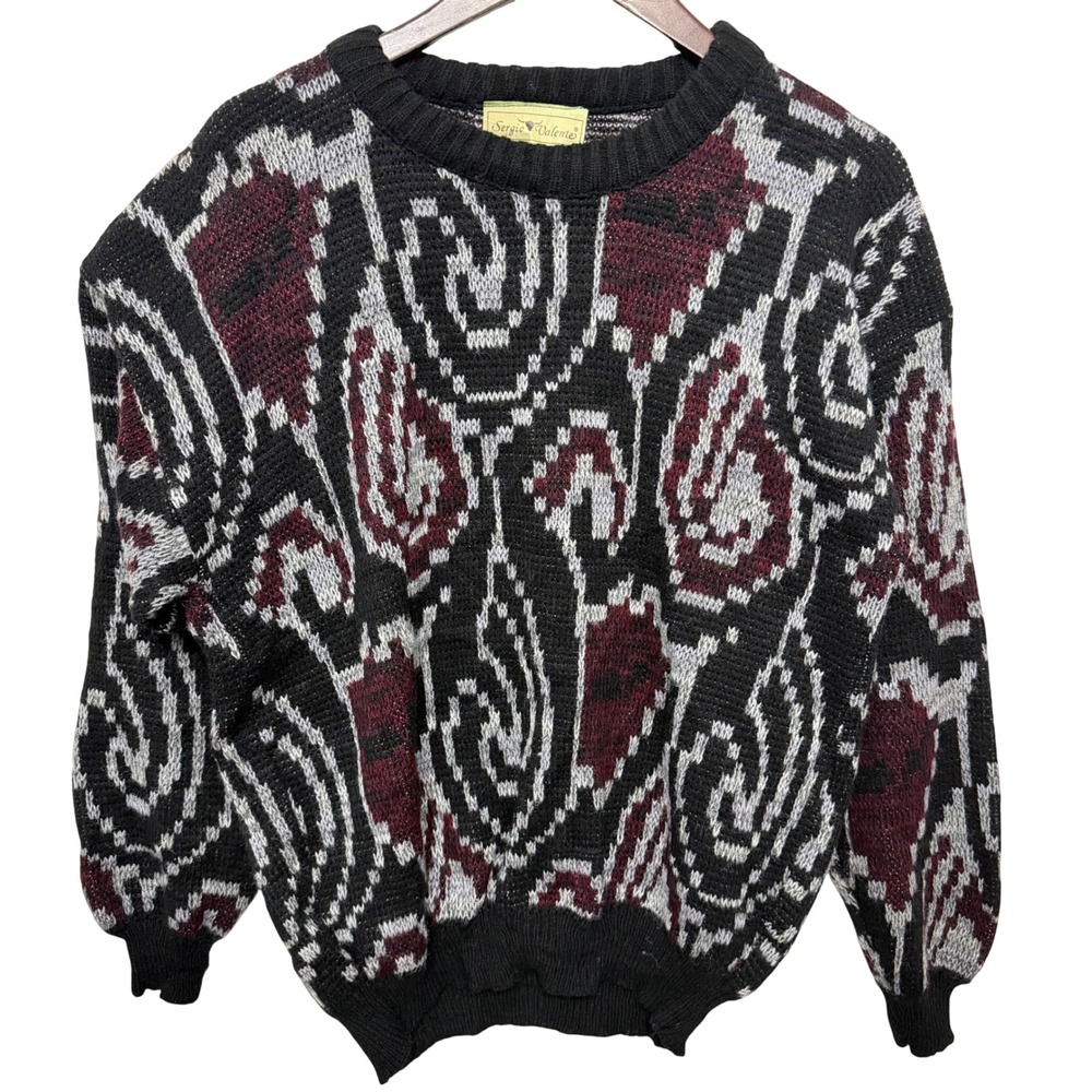 Vintage‎ Sergio Valente Sweater Mens Large Black Burgundy Abstract Knit Acrylic
